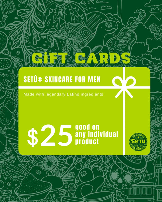 $25 Gift card for Setu Skincare for Men on a green background with decorative elements.