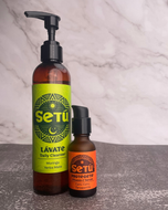 Setú skincare products on gray surface with marble background, daily cleanser and Vitamin C serum