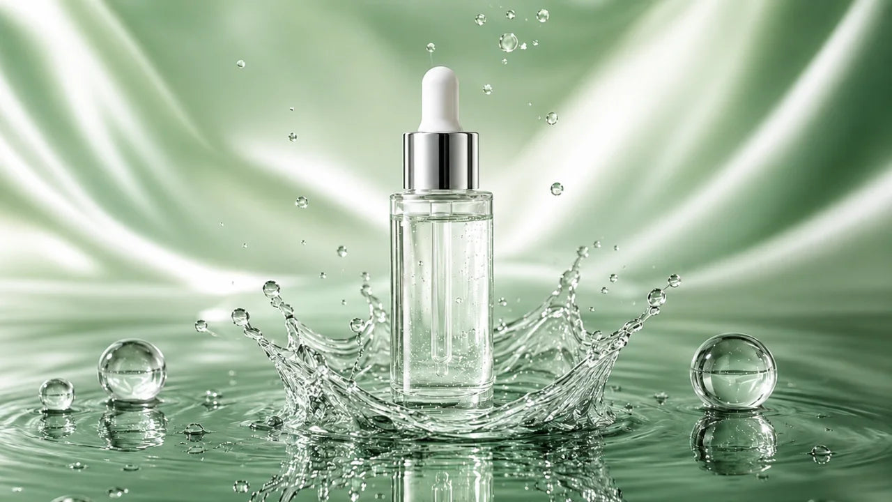 A clear glass dropper bottle with niaciamide a white dropper top and silver collar, centered in a stylized studio scene with water droplets and a green liquid splash on a green reflective background.