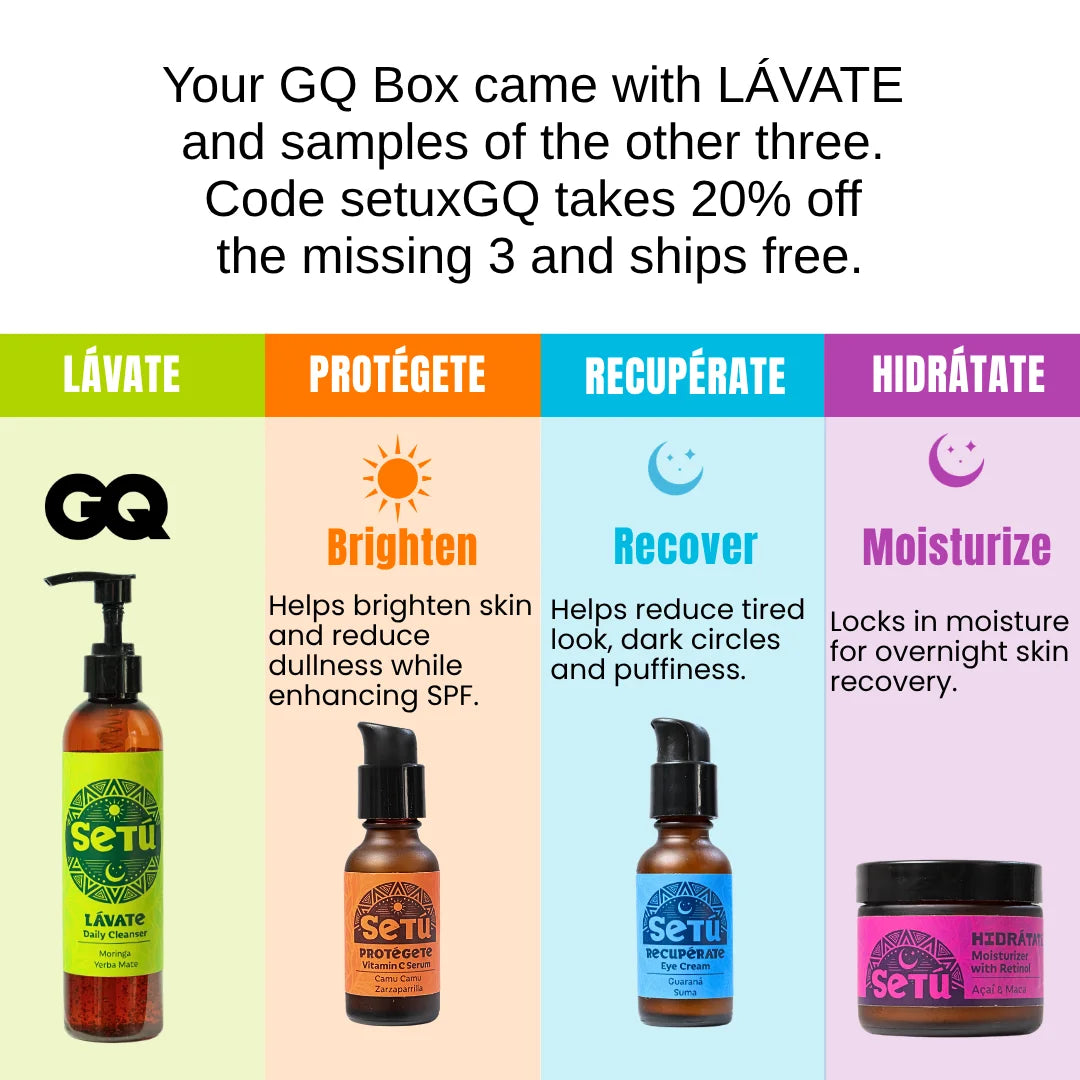 Promotional graphic for a GQ box set containing Lávate and samples of ProtégeTe, Recupérate, and Hidráte from Setú. The graphic features four columns with pastel backgrounds, product descriptions, and corresponding product images: an amber pump bottle of Lávate, a dropper bottle of ProtégeTe Concentrate, a dropper bottle of Recupérate, and a jar of Hidráte.