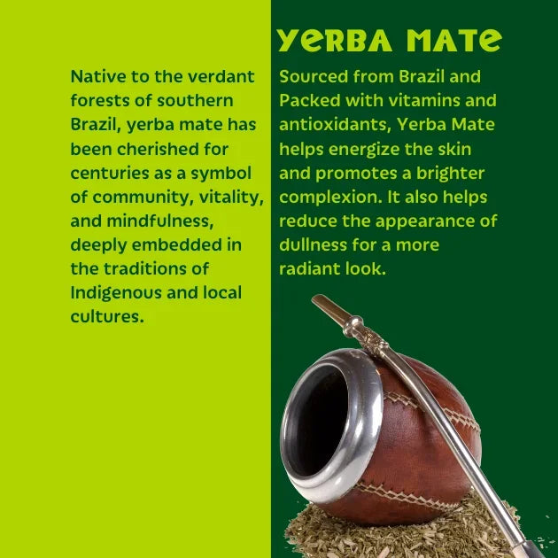 Yerba Mate with text about its origin, benefits, and cultural significance on a green background.