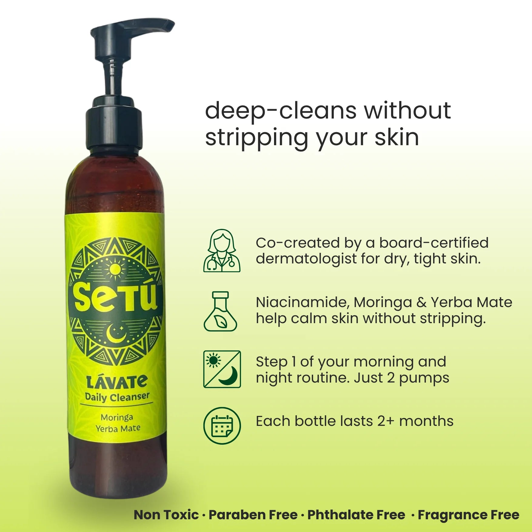 Men's face wash pump bottle with SēTu green label and amber cleanser inside.