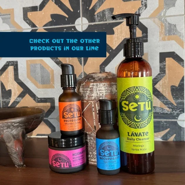 Setu skincare products on a wooden surface with decorative background