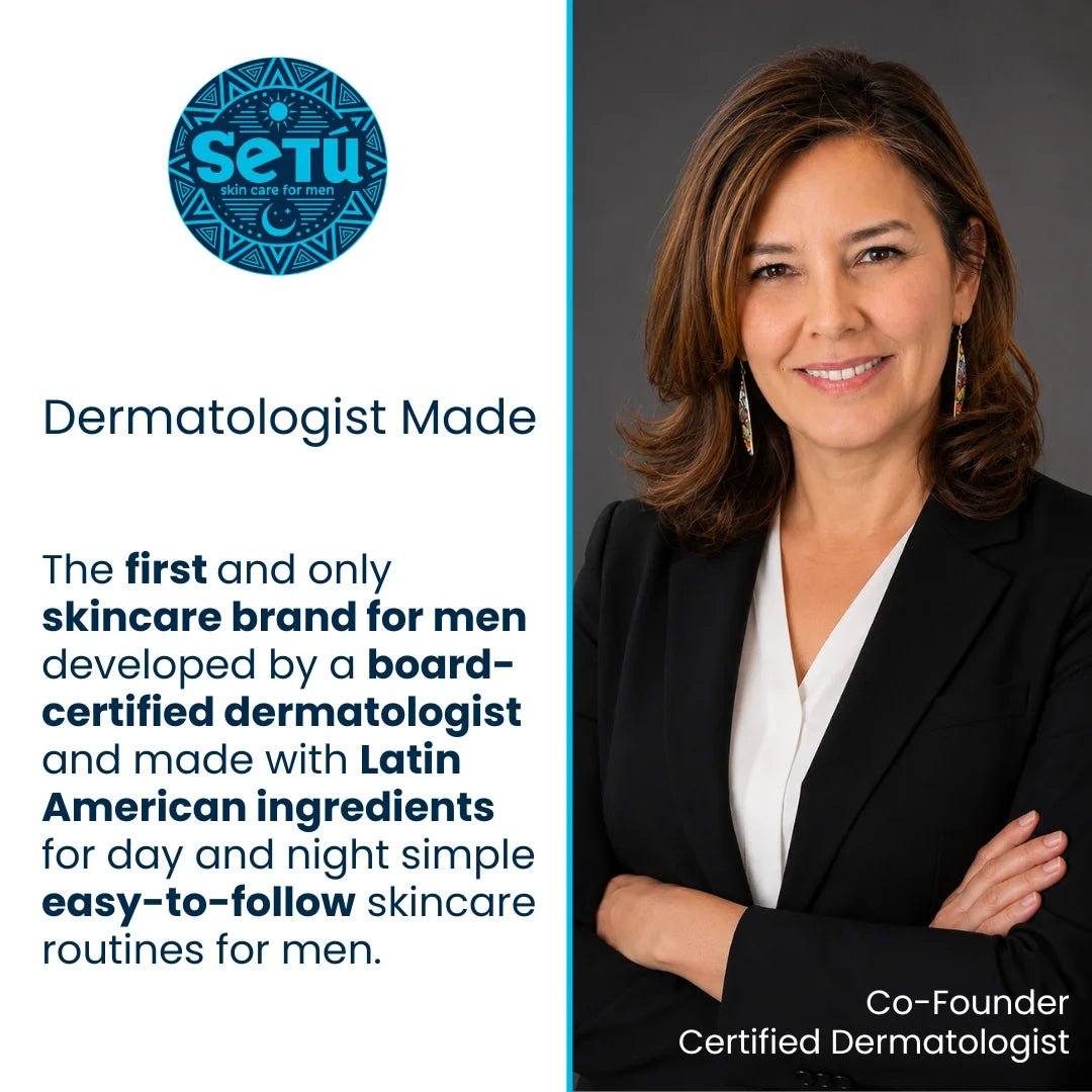 Promotional graphic for Setú skincare featuring a portrait of a smiling woman on the right and text on the left that reads 'Dermatologist Made' and describes the brand as a skincare brand for men developed by a board-certified dermatologist. The Setú logo appears at the top left.