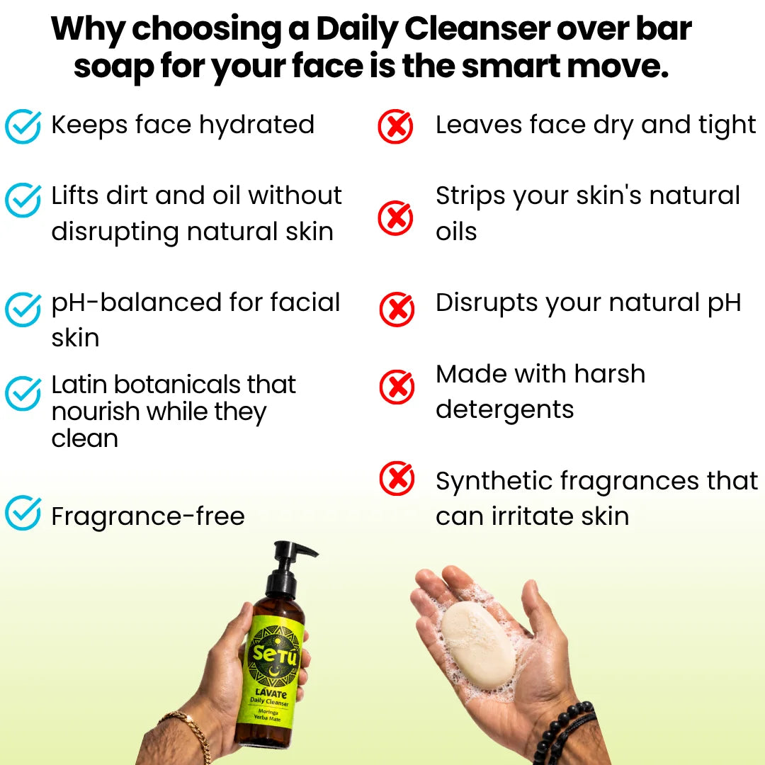 An infographic-style promotional graphic comparing daily cleanser vs bar soap for the face. Text lists benefits of a daily cleanser with checkmarks and drawbacks with red X marks.