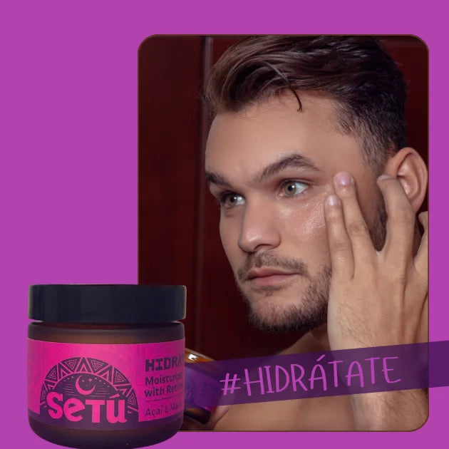 Man applying cream to his face with a jar of Setu cream on a purple background