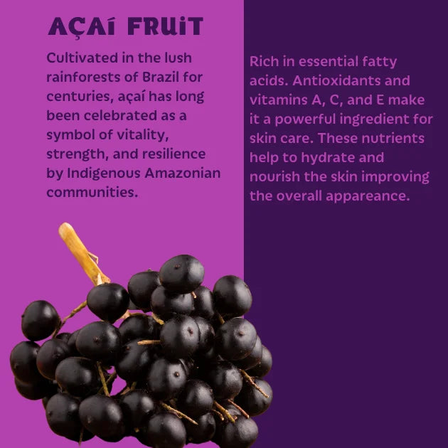 Acai berries with text about their cultivation and benefits on a purple background