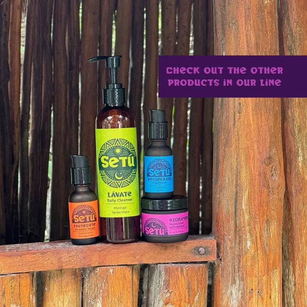 Setu skincare products on a wooden shelf with a rustic background
