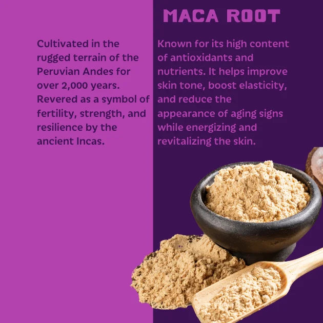 Maca root powder in a bowl with a wooden spoon on a purple background, featuring text about maca root's history and benefits.