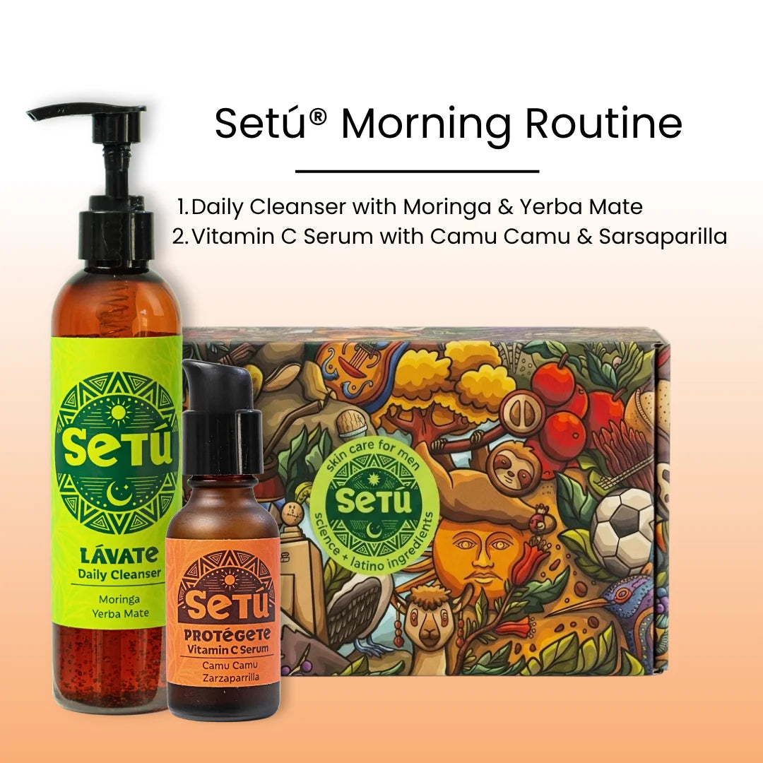 Men's morning routine gift box with cleanser pump, vitamin C serum, and illustrated box