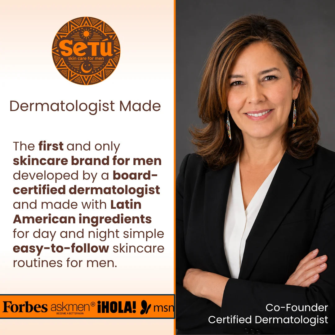 Men's skincare promo graphic with dermatologist portrait and Setu text