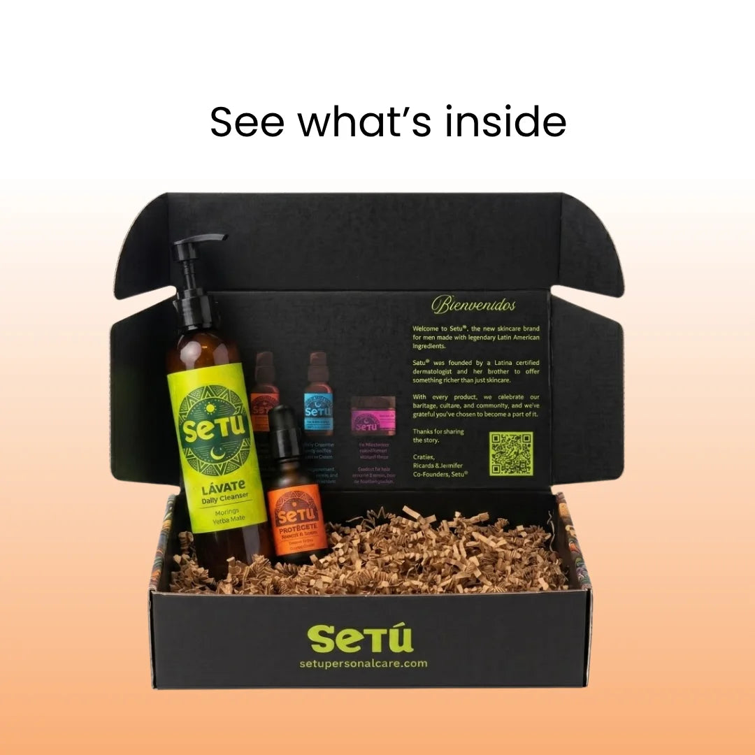 Men's grooming gift box with Setu bottle, sprays, and sample products