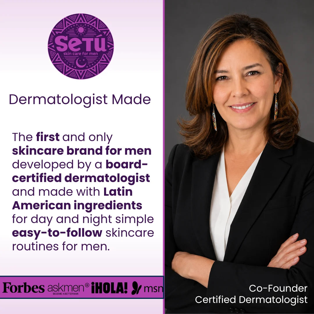 Promotional graphic featuring a certified dermatologist and brand seal for men’s skincare