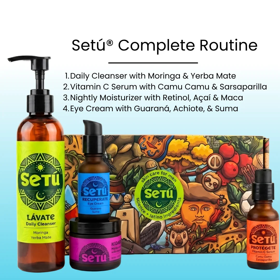 SeTu complete routine set display with cleanser pump, serum bottles, and eye cream