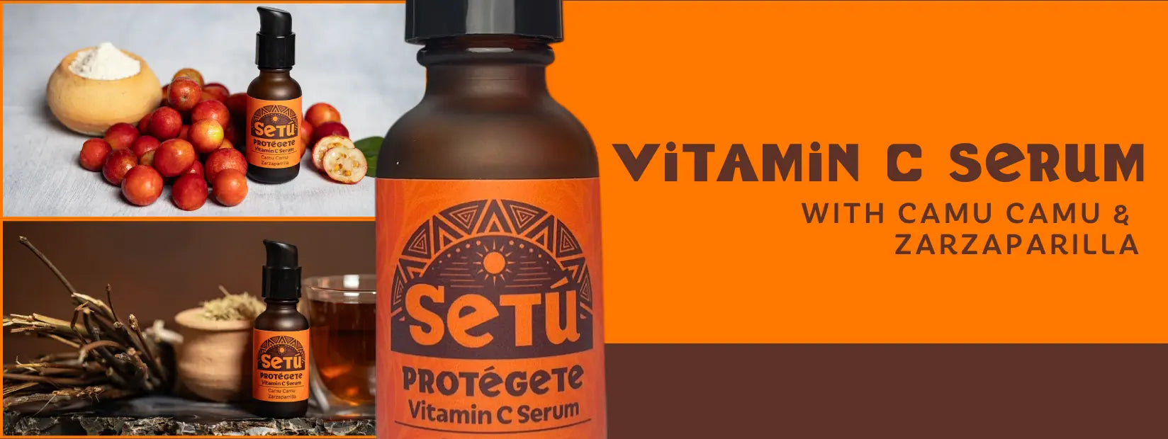 Setu Vitamin C Serum with ingredients on an orange background