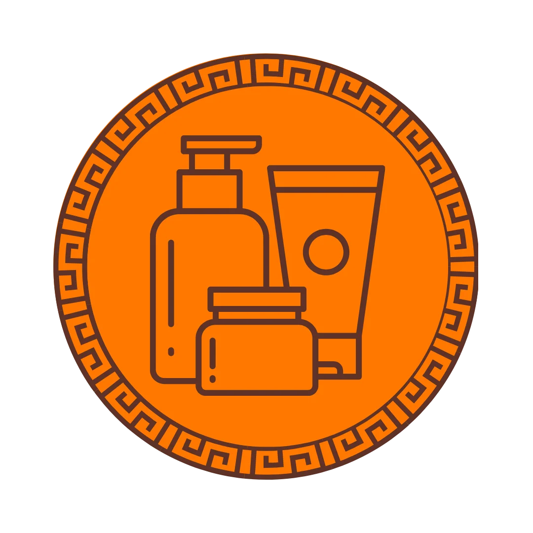 An orange circular icon featuring a dark brown outline of cosmetic bottles and jars, bordered by a key pattern, on a white background.