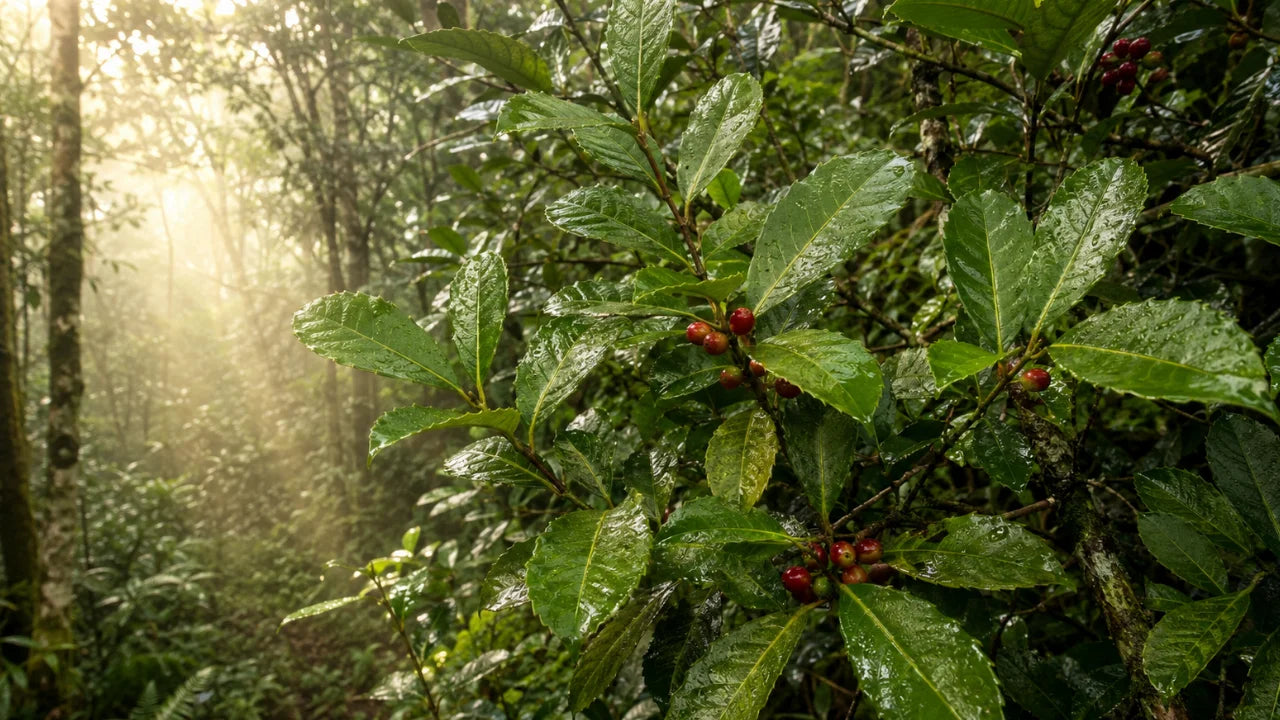 A close-up of a leafy green plant of yerba mate with small red berries, photographed in a misty forest with sunlight filtering through the trees.