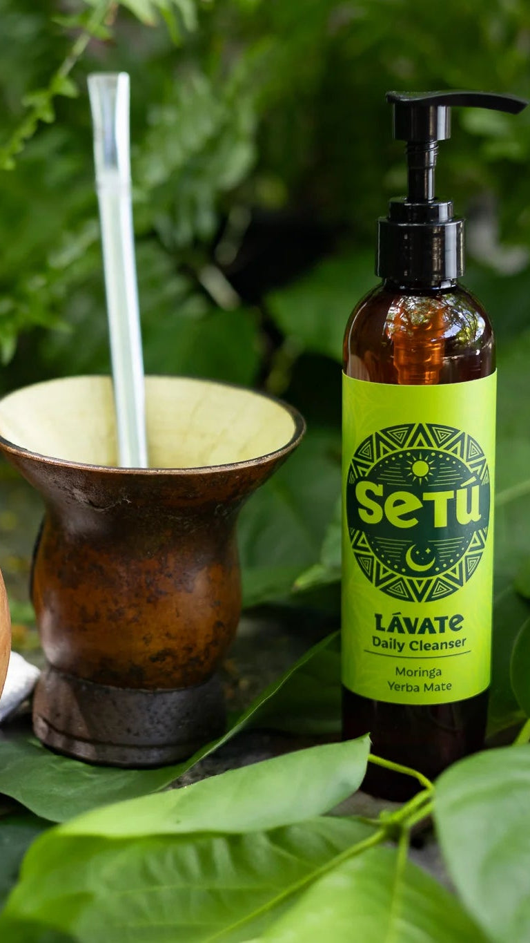 Lavate Setú daily cleanser product shown with an amber pump bottle, a wooden yerba mate bowl filled with tea, and a metal cup with straw, arranged among green leaves outdoors.