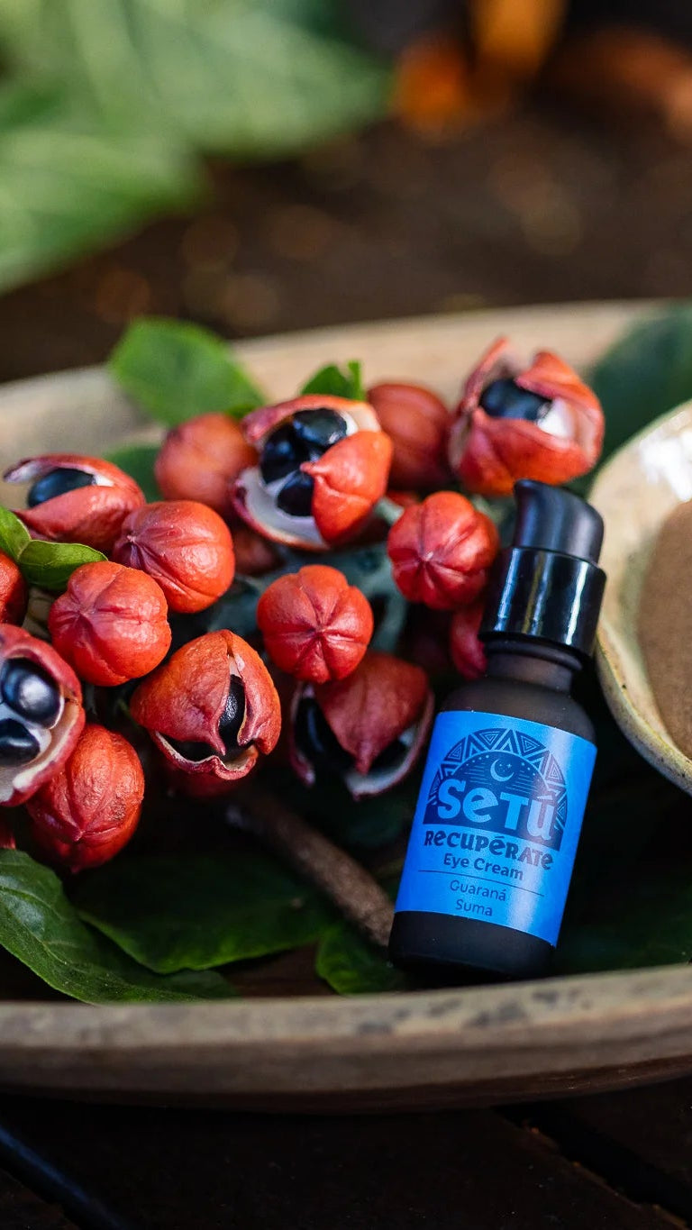 A small blue bottle labeled Setu Recuperat Eye Cream for Men is arranged on a wooden tray with Guaraná red seed pods, green leaves, and a bowl of tan powder, set against a dark natural background.
