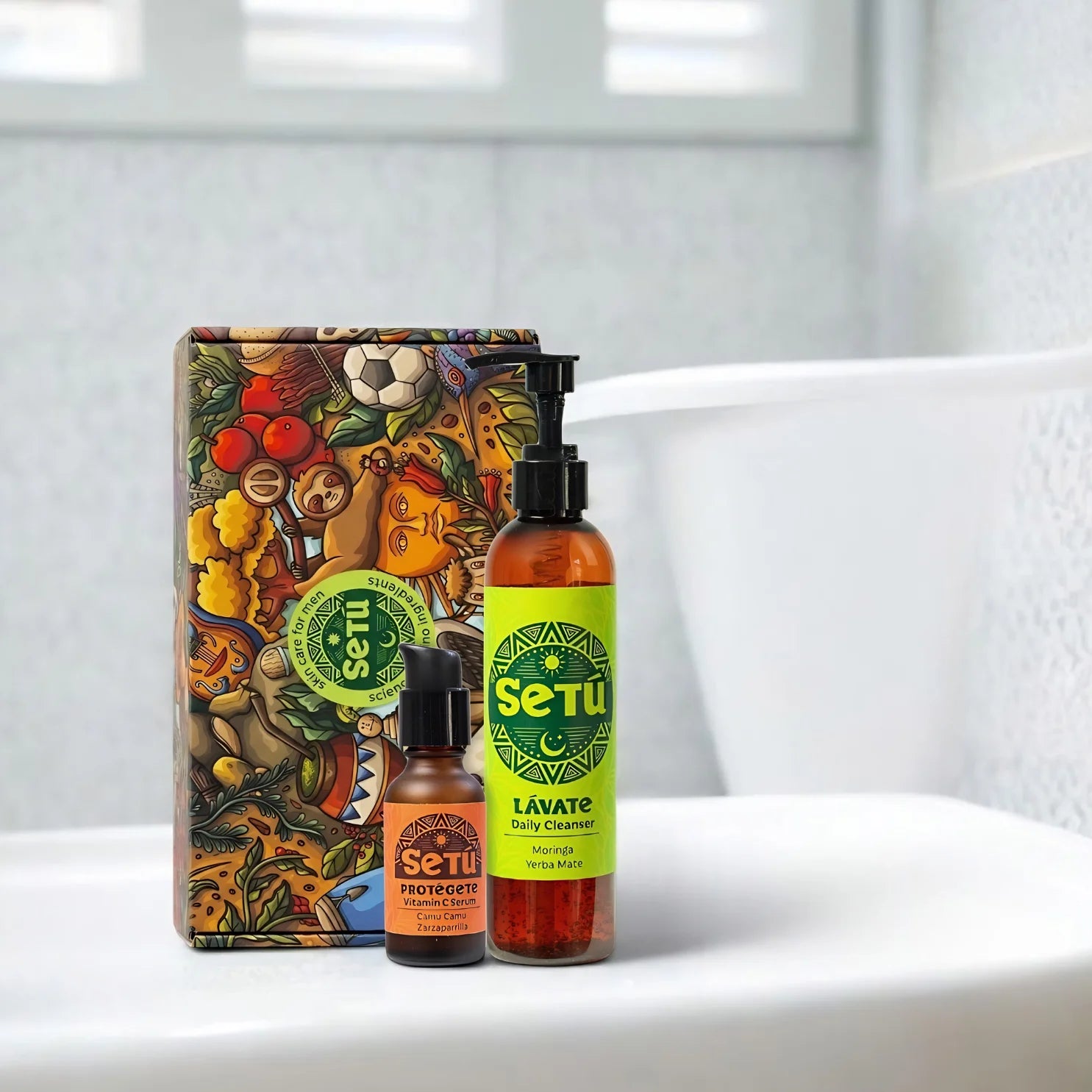 Setu morning routine product set with decorative box on a white surface