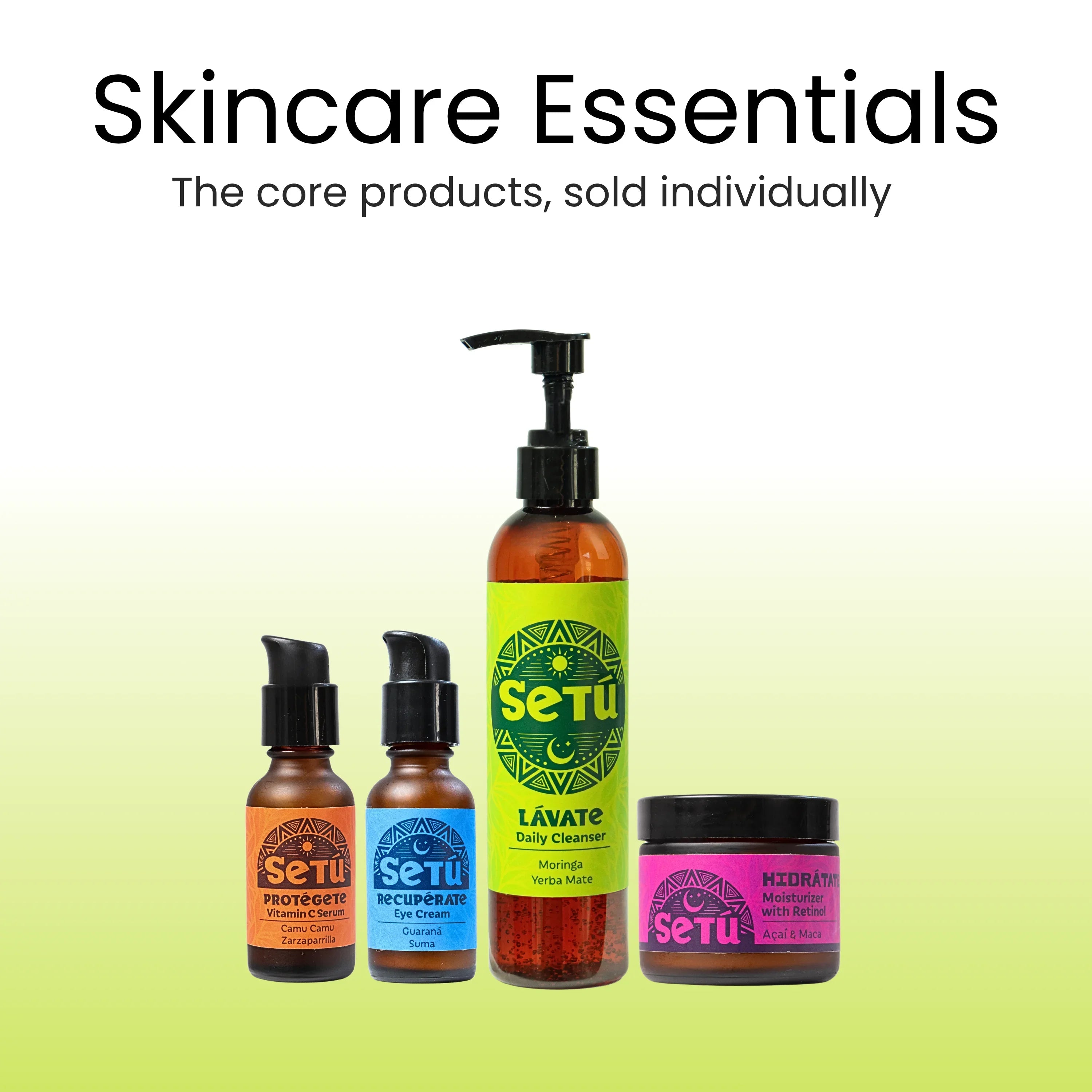 Setú skincare products including Vitamin C Serum, Daily Cleanser, Moisturizer, and Eye Cream with natural ingredients