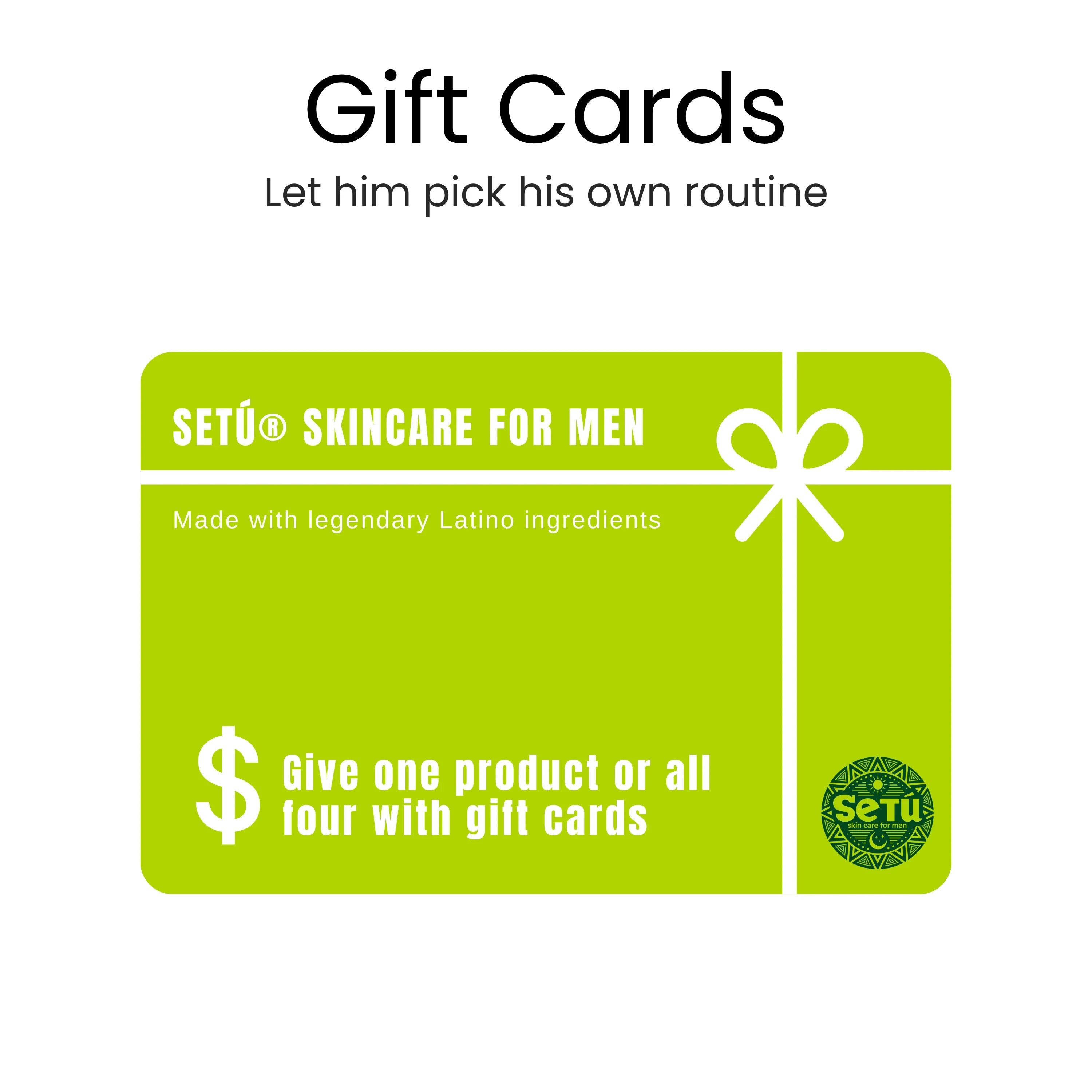 Setú men's skincare gift card with green and dark green logo featuring sun, moon, and geometric design
