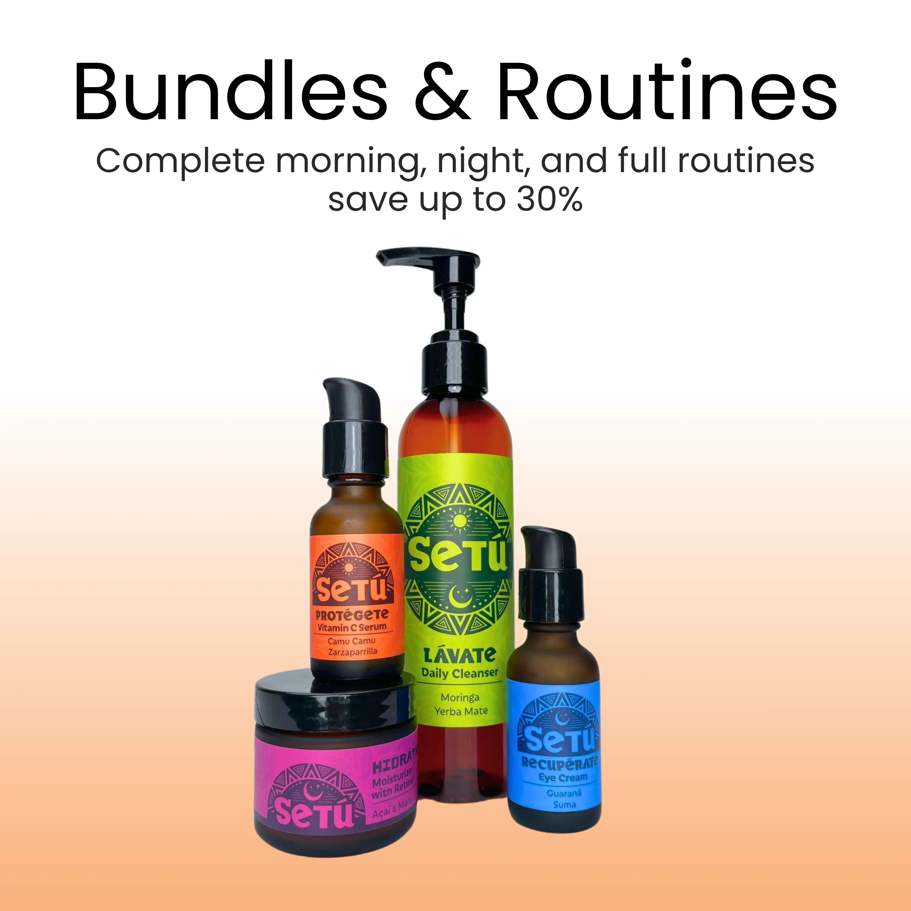 Setú skincare products for daytime and nighttime routines with bright orange and purple background