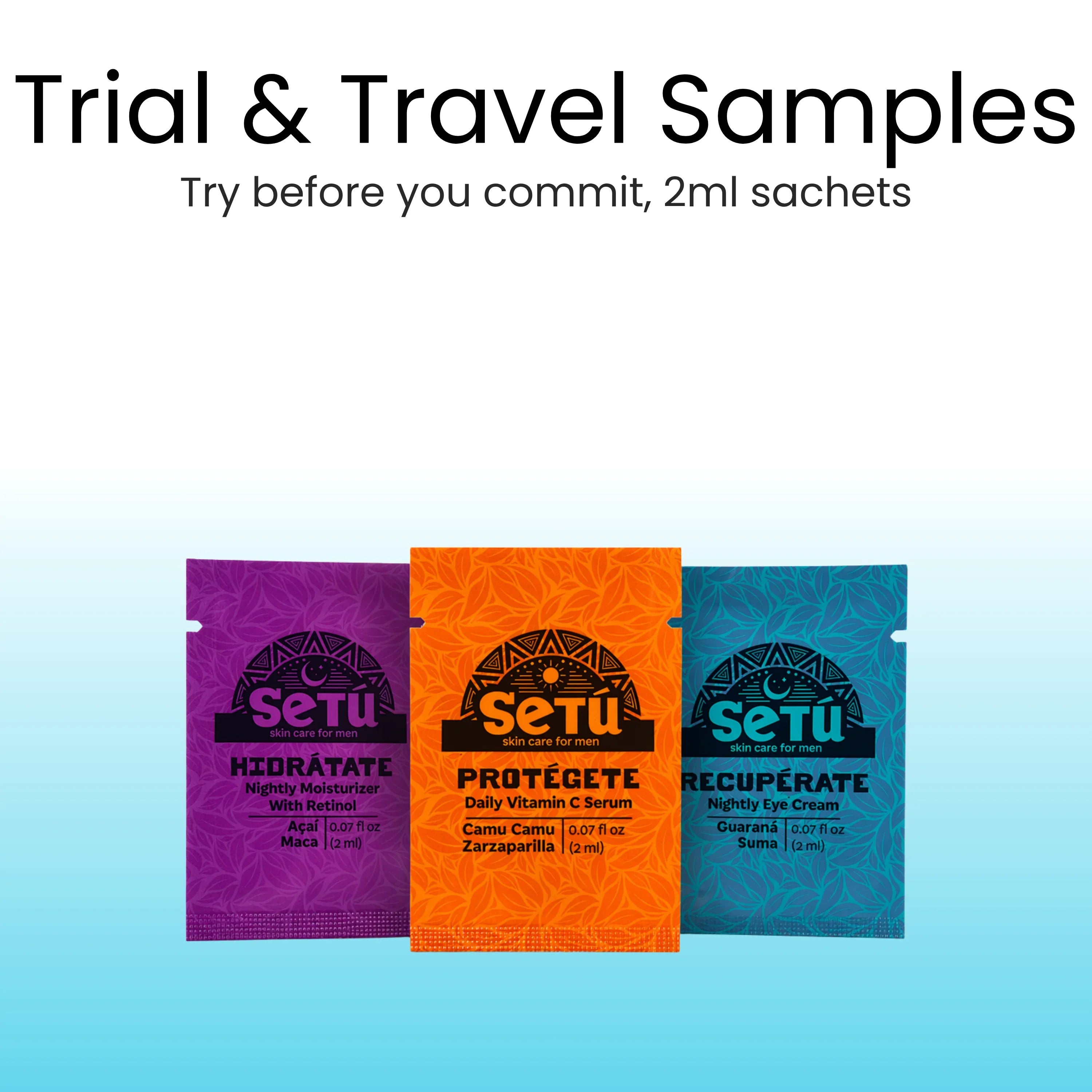 Setu men’s skincare sample packets in blue, orange, and purple on wooden bowl with green potted plants