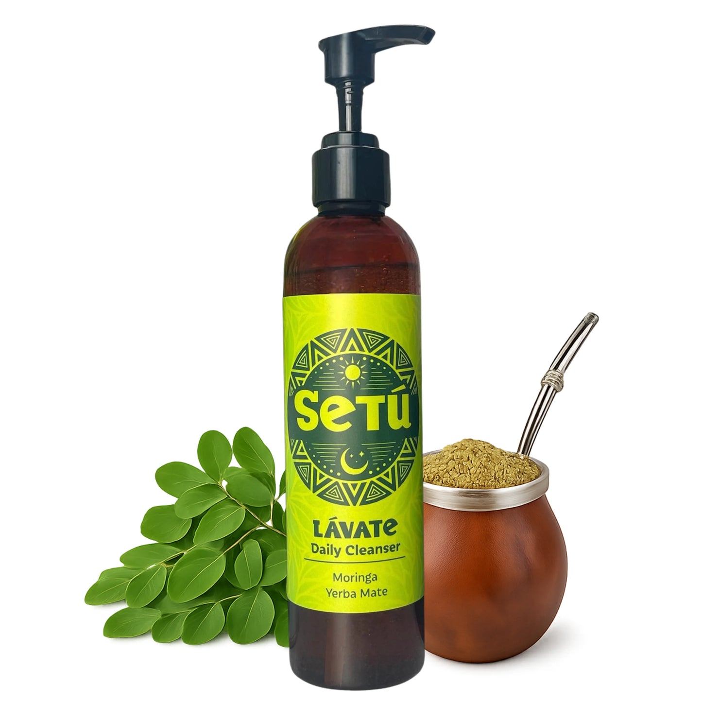 Setá daily cleanser bottle with green label, Moringa leaves, and a Yerba Mate cup on a white background