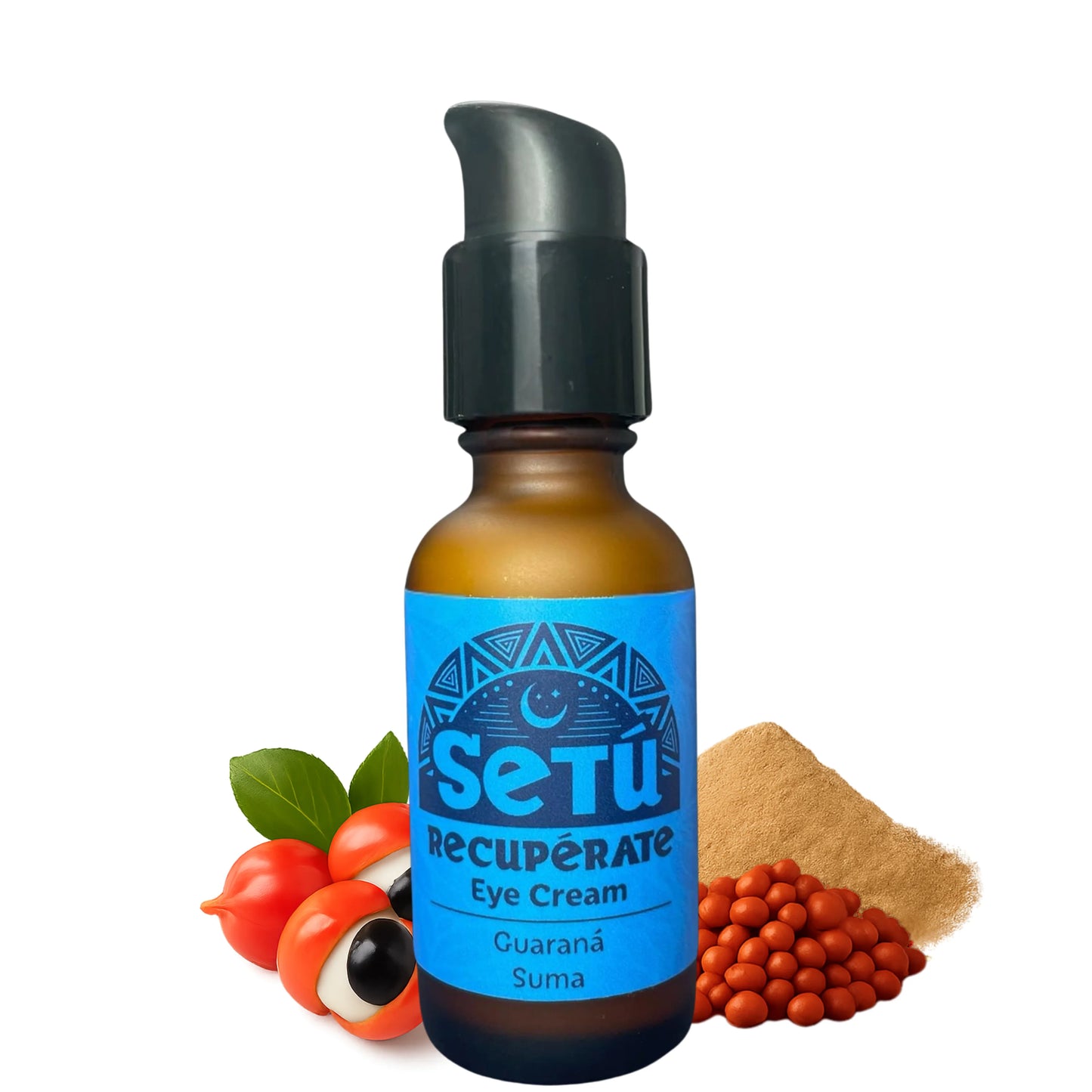 Setu recuperárate eye cream bottle with blue label and black pump on a white background.