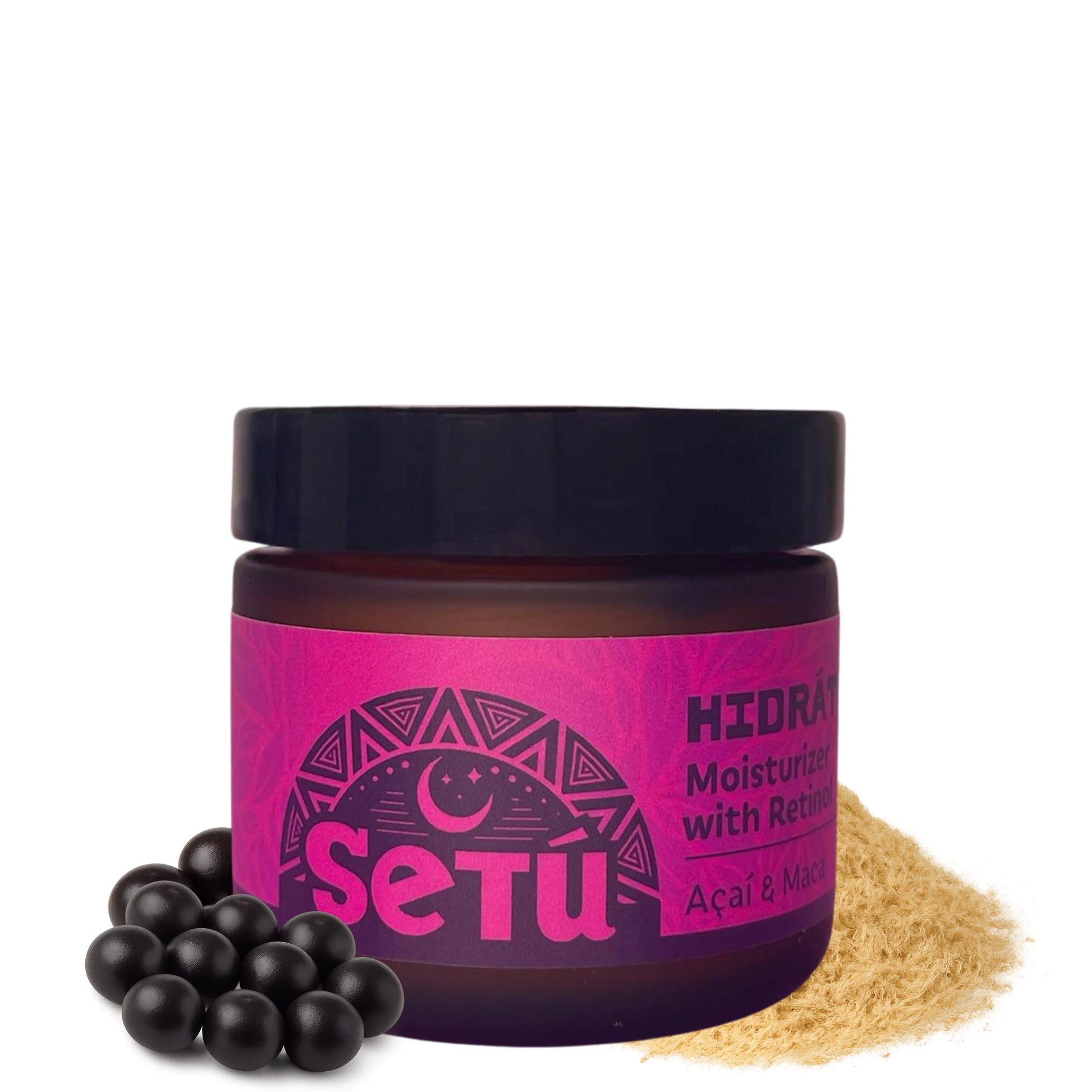 Setu moisturizer with retinol, acai, and maca with pink label and black lid on a white background