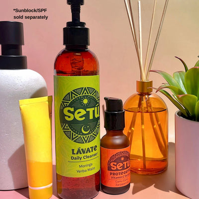 Setu skincare products including a cleanser and a vitamin c serum