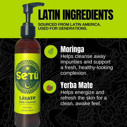 Setu Lávate Daily Cleanser bottle with Moringa and Yerba Mate ingredients on a green and black background.