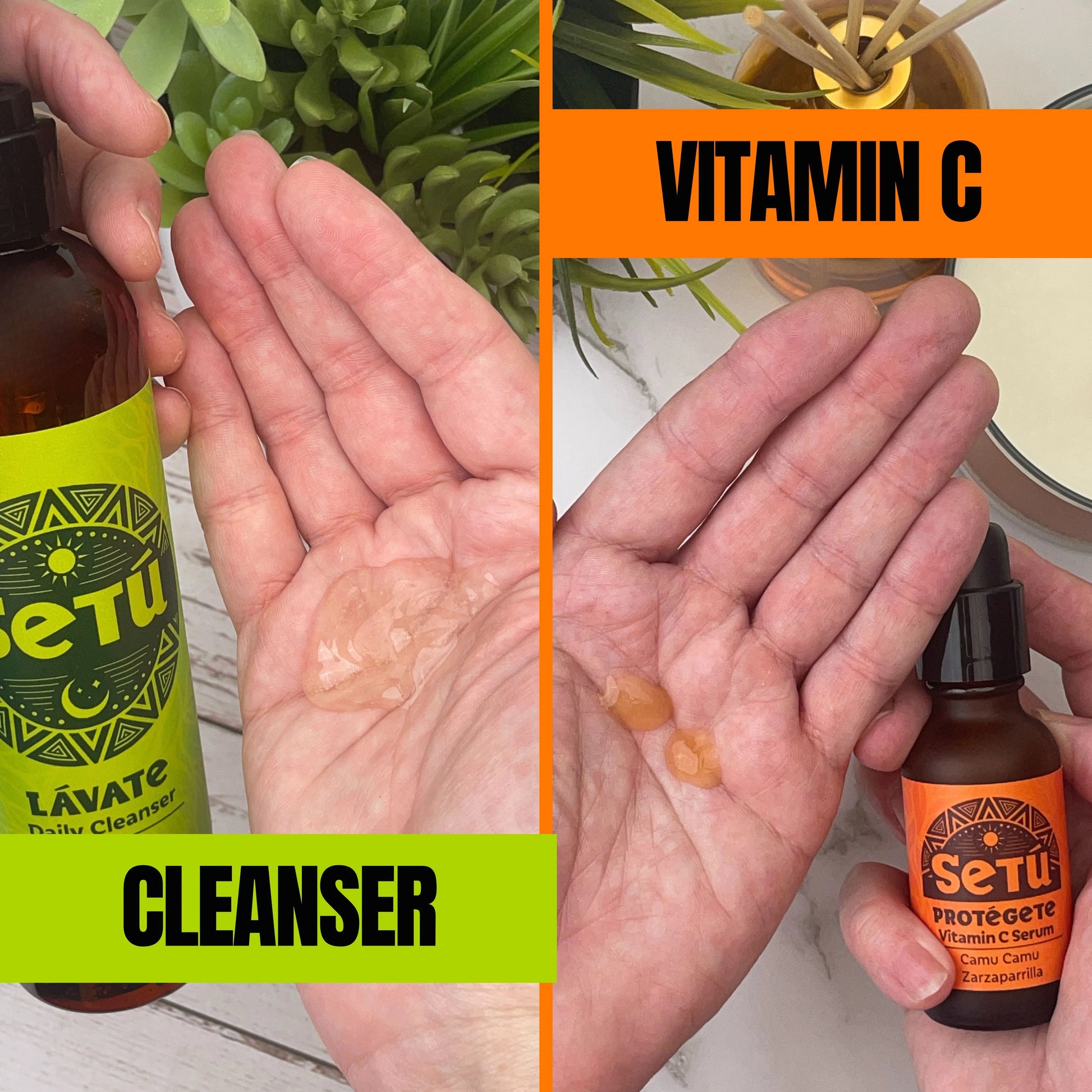 Two bottles of Setu skincare products with a focus on Vitamin C, one labeled 'Cleanser' and the other 'Protect', held by hands.