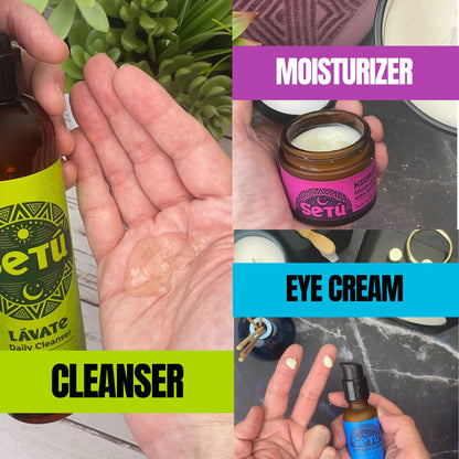 Collage of skincare products including cleanser, moisturizer, and eye cream with visible branding.