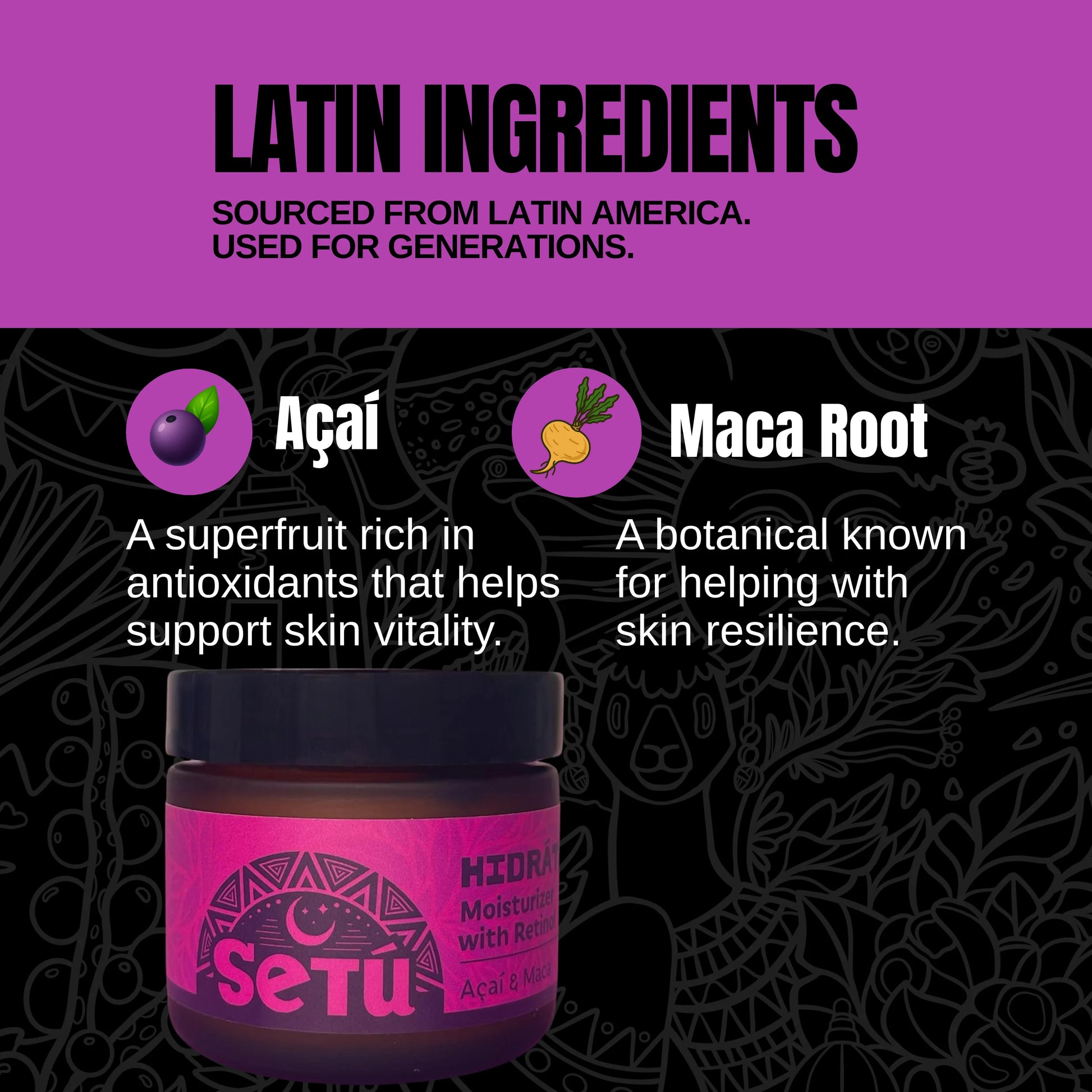 Setu skincare product with açaí and maca root ingredients on a purple background