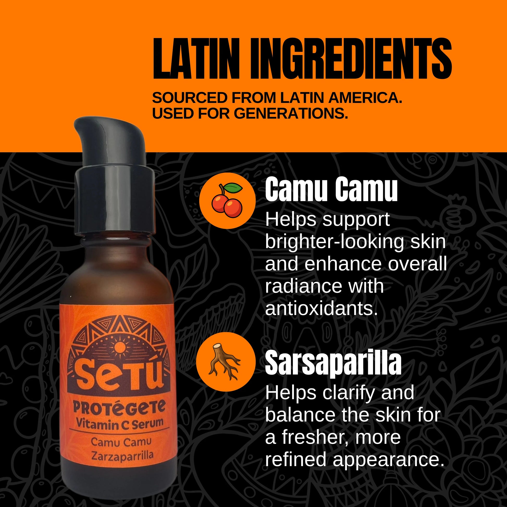 Setu Vitamin C Serum bottle with Latin ingredients text on an orange and black background