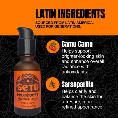Setu Vitamin C Serum bottle with Latin ingredients text on an orange and black background
