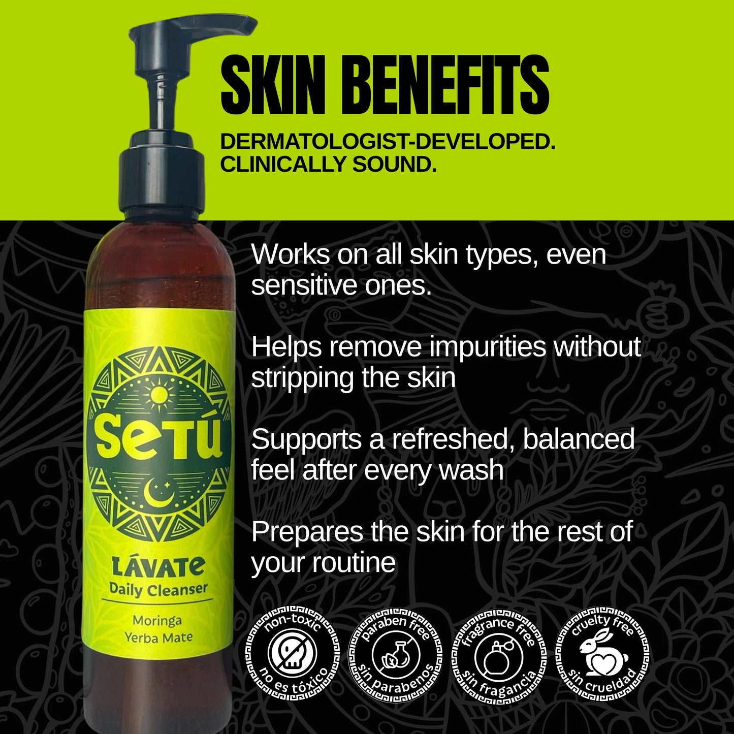 Setu Lávate Daily Cleanser bottle with green label on a black and green background, highlighting skin benefits.