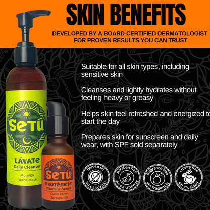 Setu skincare products with text about skin benefits and dermatologist approval on an orange and black background.