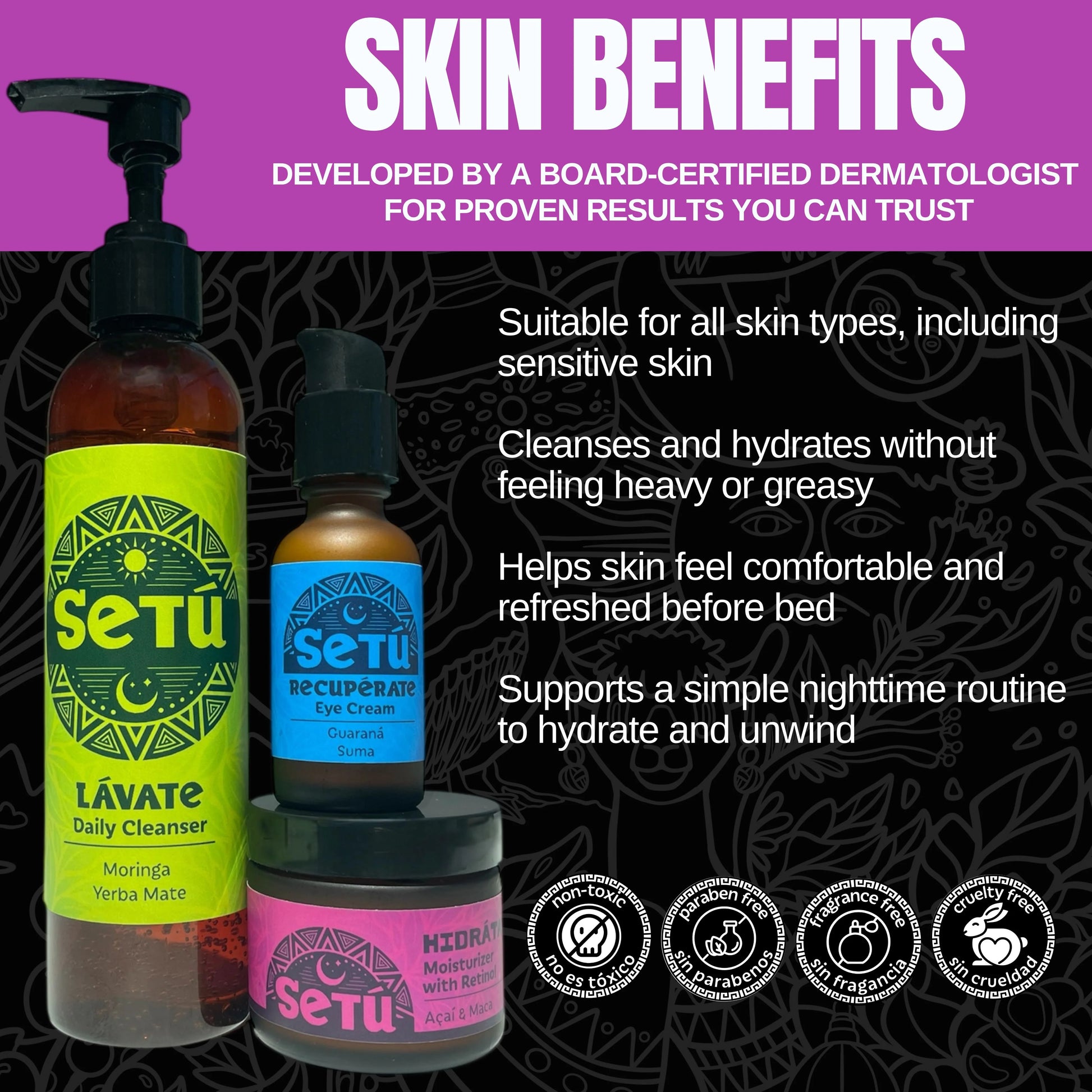 Setu skincare products with text about skin benefits on a dark background