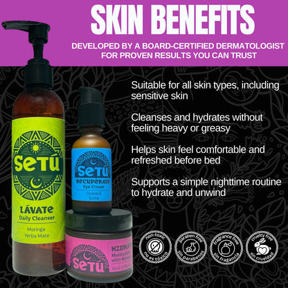 Setu skincare products with text about skin benefits on a dark background