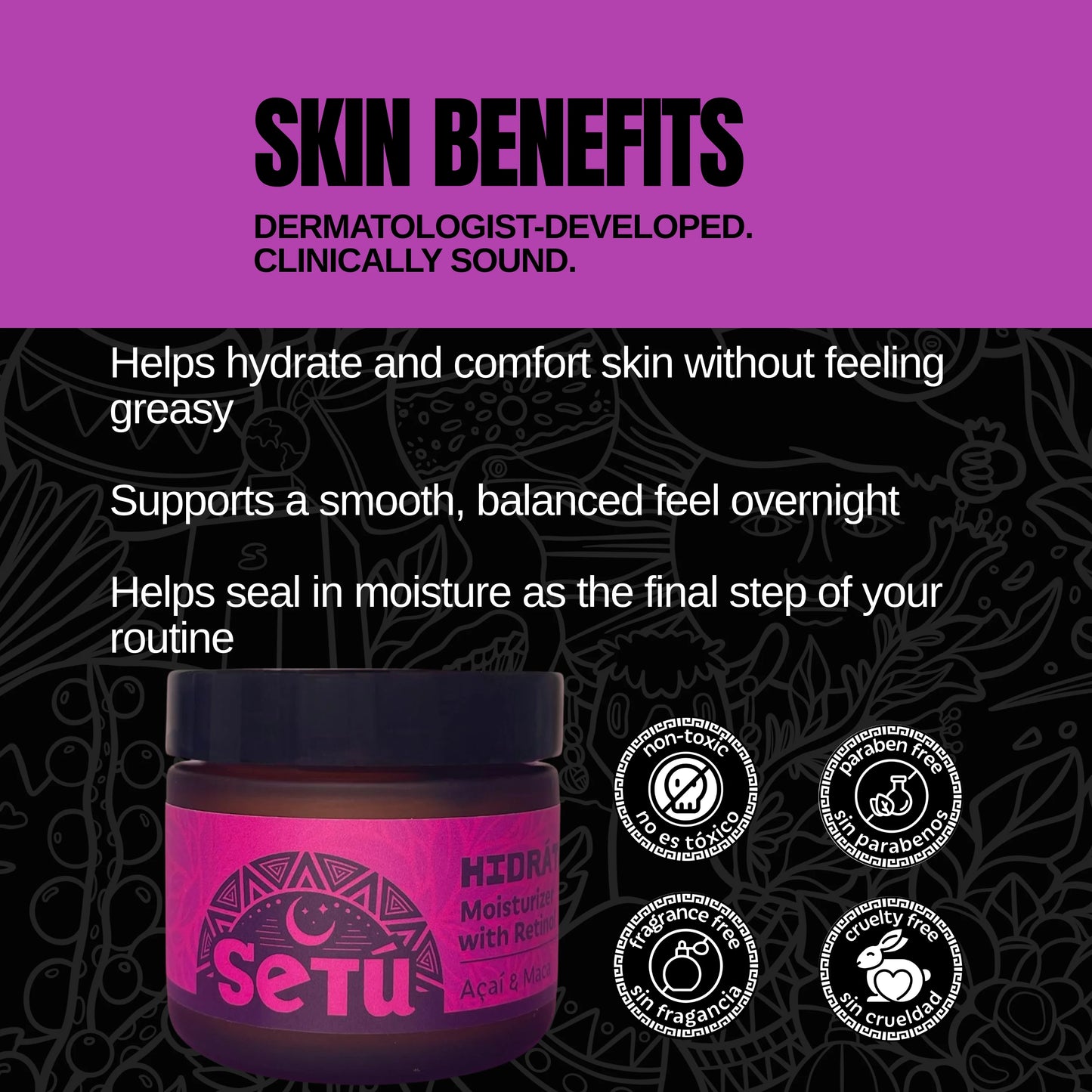 setu moisturizer for men with retinol, acai, and maca with purple jar and black lid on a dark background with text about skin benefits.