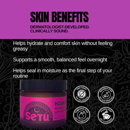 setu moisturizer for men with retinol, acai, and maca with purple jar and black lid on a dark background with text about skin benefits.