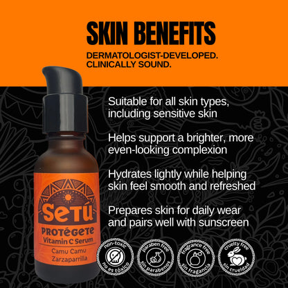 Setu skincare serum bottle with skin benefits text on an orange and black background