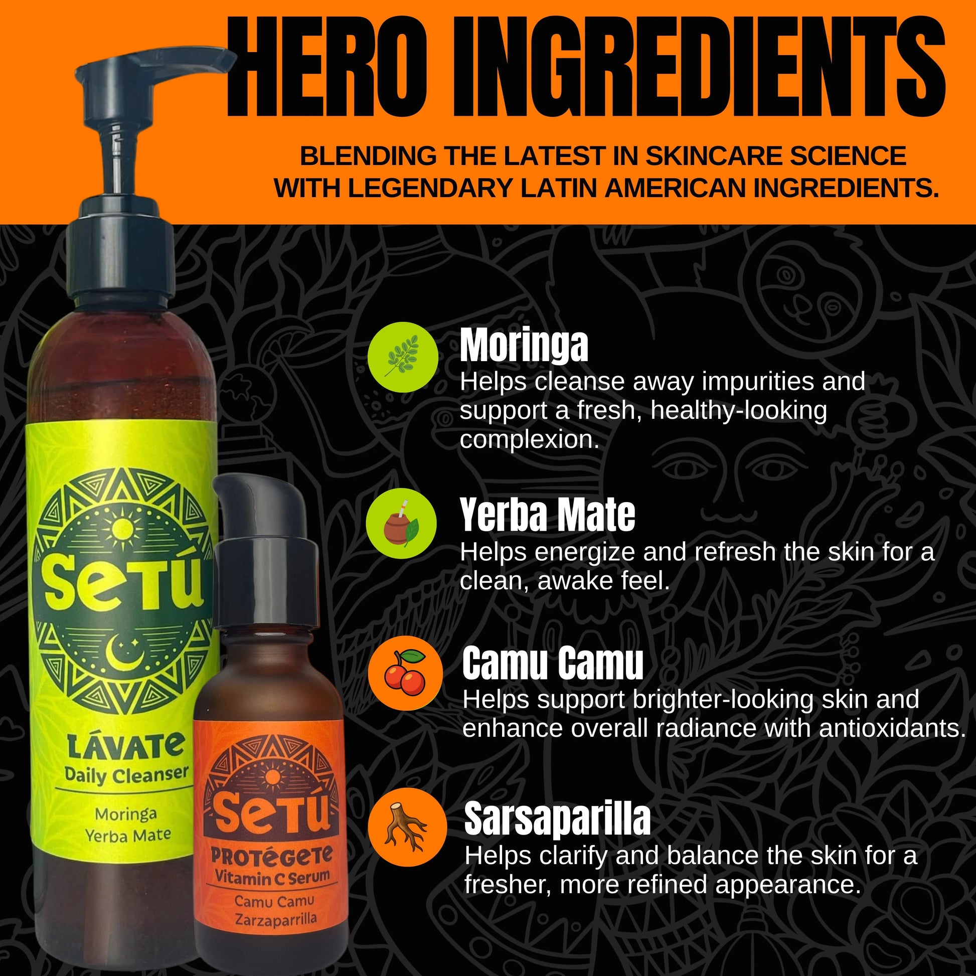 Setu skincare products with ingredients listed on an orange and black background