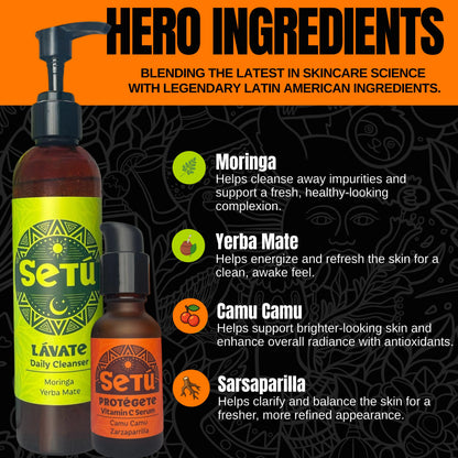 Setu skincare products with ingredients listed on an orange and black background