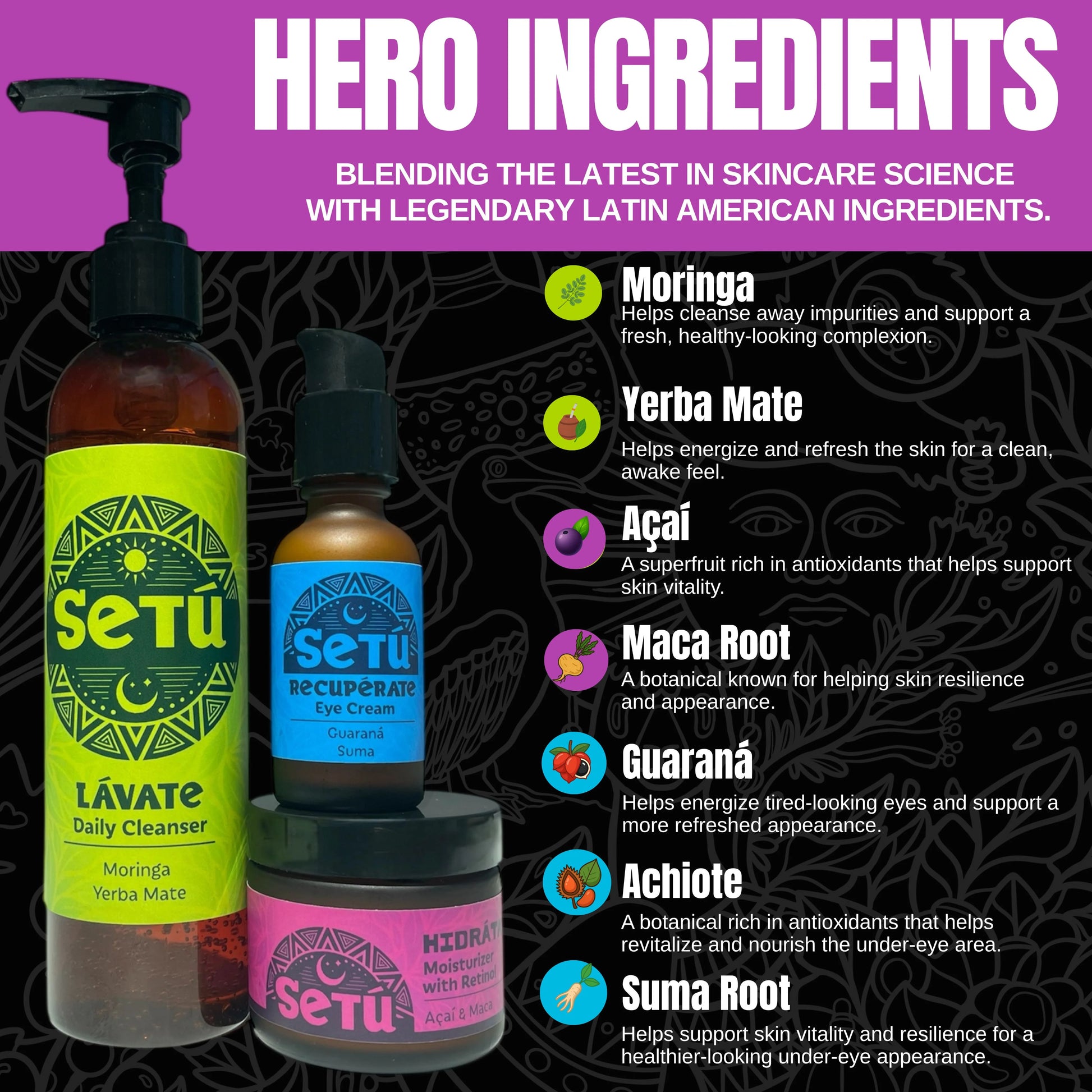 Setu skincare products with ingredient information on a dark background
