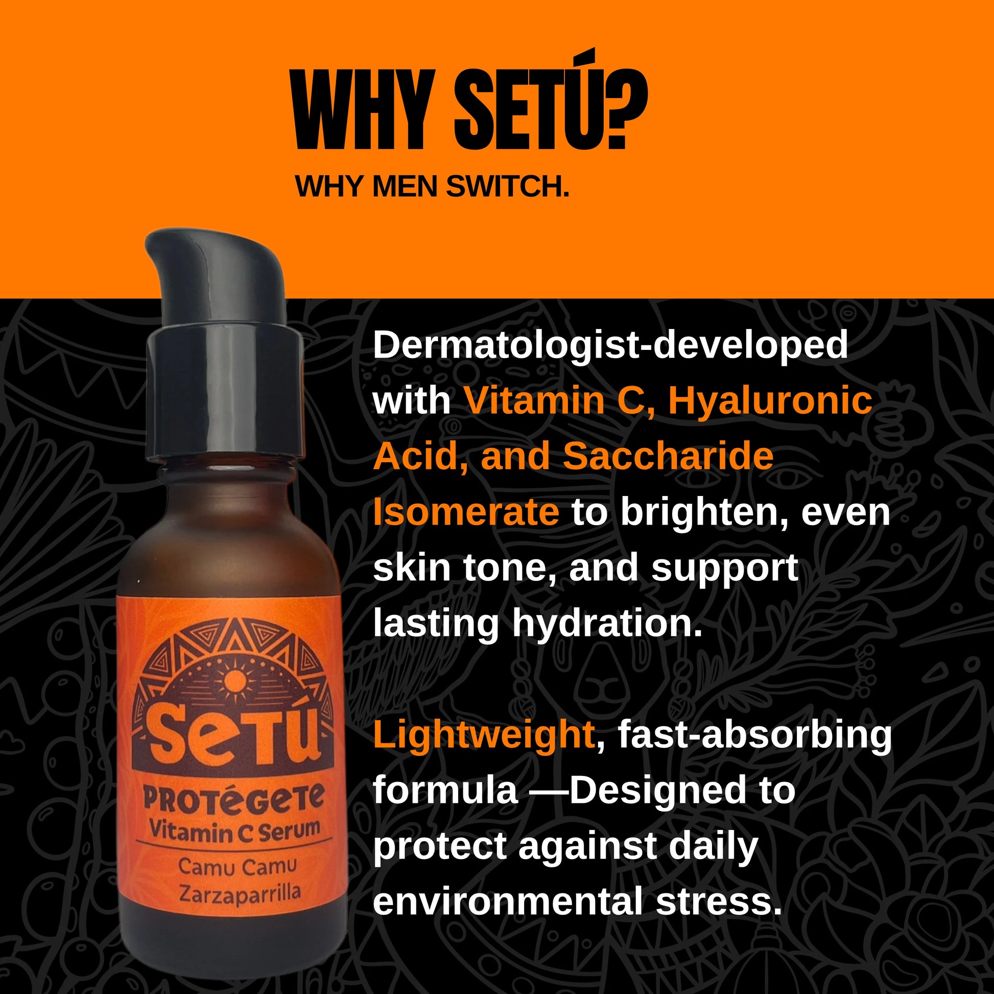 Setú skincare serum bottle with product description on an orange and black background