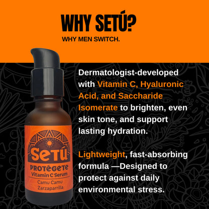 Setú skincare serum bottle with product description on an orange and black background